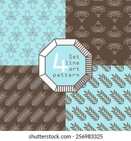 Set of patterns of plant line art. Consists of a flower, tulip, bell, lily, leaves, spike