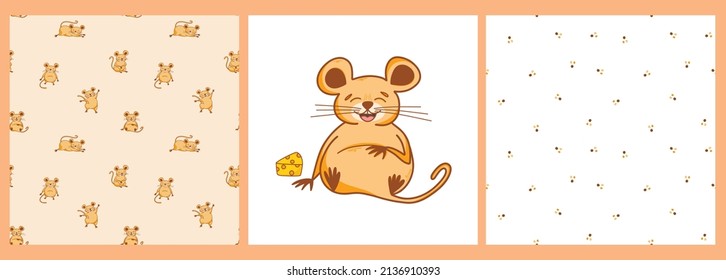 A set of patterns and a poster with a cute mouse character with a piece of cheese in cartoon style, cute animals, rodents. Children's illustration for postcards, posters, T-shirts, teenagers, stickers