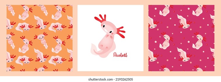 A set of patterns and posters with cute cartoon axolotls, aquatic animals, amphibians. Cute characters with different emotions, vector illustration in a flat style, postcard template