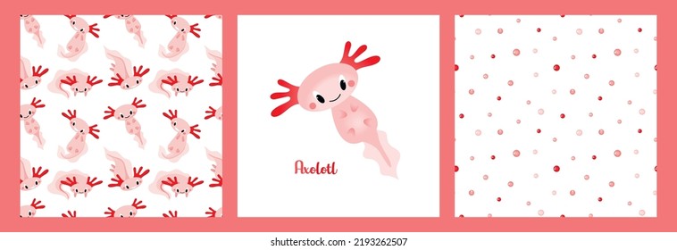 A set of patterns and posters with cute cartoon axolotls, aquatic animals, amphibians. Cute characters with different emotions, vector illustration in a flat style, postcard template