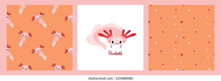 A set of patterns and posters with cute cartoon axolotls, aquatic animals, amphibians. Cute characters with different emotions, vector illustration in a flat style, postcard template