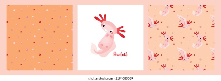 A set of patterns and posters with cute cartoon axolotls, aquatic animals, amphibians. Cute characters with different emotions, vector illustration in a flat style, postcard template
