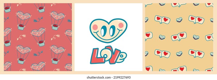 A set of patterns and posters of love in the style of the 80s, groovy hearts, a heart with a smile, graffiti inscription Love, Valentine's Day, vector patterns for postcards, posters, fabrics, print