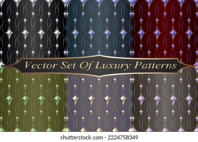 Conjunto de patrones con piedras preciosas.Conjunto vectorial de patrones hermosos con joyas en fondos degradados de color.