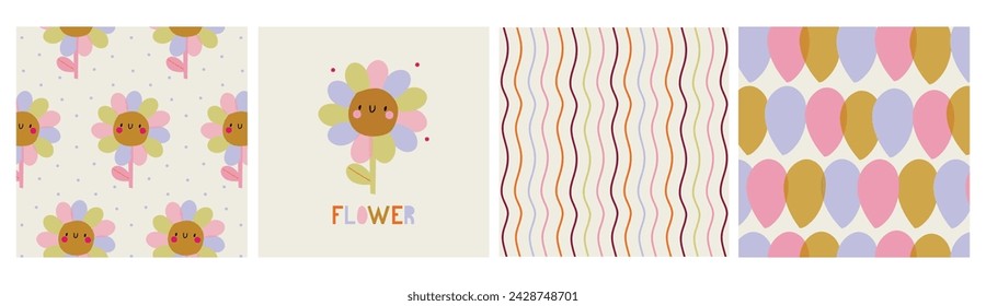 Conjunto de patrones y estampado con flores de colores, patrones abstractos brillantes con líneas y círculos. Ideal para la tela, textil. Ilustración vectorial