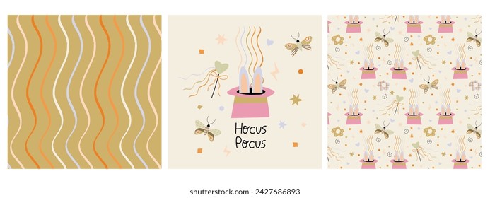 Set of patterns and print with a magic hat, butterflies and a magic wand. Great for fabric, textile.Vector Illustration