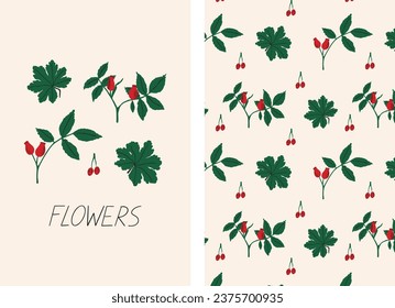 Set of patterns and print with rose hops . Elegant floral pattern with wild rose, berries and foliage on a beige background. Isolated vector print with botanical branches. 