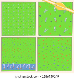 A set of patterns with rabbits. For digital scrap paper. Bunnies with hearts on a green background.