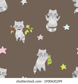 a set of patterns with a raccoon and matching with it. Cute cartoon pattern for kids.