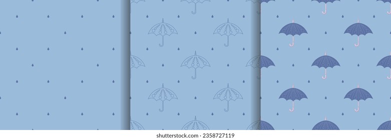 Un conjunto de patrones con gotas de lluvia y un paraguas. Ilustración.