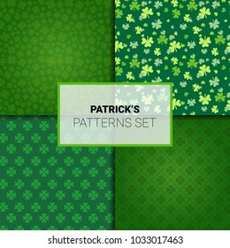 Set Of Patterns For Saint Patricks Day Holiday Seamless Backgrounds With Shamrock Leaves Vector Illustration