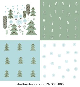 Set of patterns in  Scandinavian style, nature,  wood, winter, multicolor,  card, hand drawing,  vector illustration
