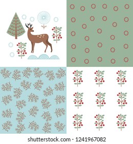 Set of patterns, Scandinavian style, separate elements, nature, deer, trees, winter forest, multi-colored, hand drawing, vector illustration