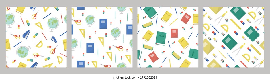 set of patterns school supplies and office stationary on white background. Back to school, education and business concept. Vector seamless pattern for banner, poster, office supply store and wallpaper