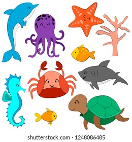 set of patterns with sea animals, cartoon style drawing