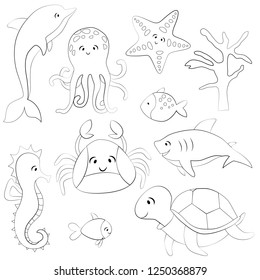 set of patterns with sea animals, cartoon style drawing in black and white