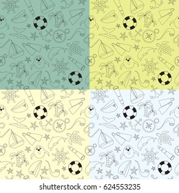 Set of patterns sea travel. Four doodle pattern of different background colors