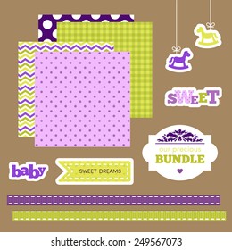 Set of patterns and seamless elements. Baby design. Violet and green colors. For cards, birthday invitations, baby shower invitations, save the date cards etc.