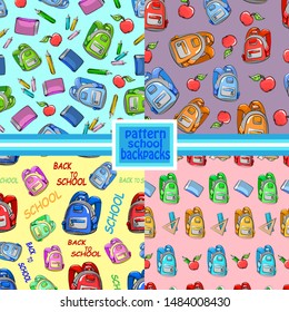 set of patterns seamless school training backpacks colored background flatware illustration vector student kid wallpaper
