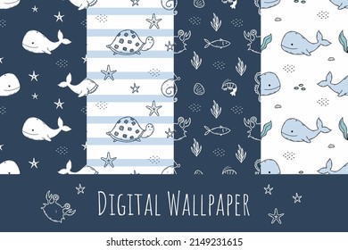 Set of patterns for sewing baby clothes. Endless sample with oceanic fish and marine life. Printing on fabric and wrapping paper.