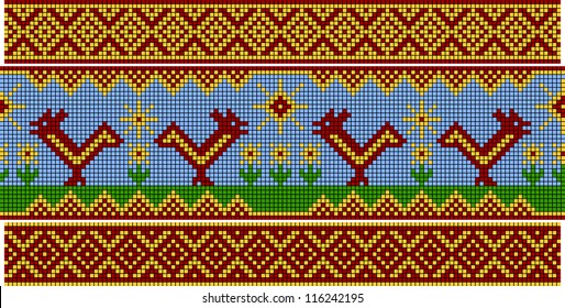 Set of patterns similar to an ancient Russian ornament. Cock and sun.