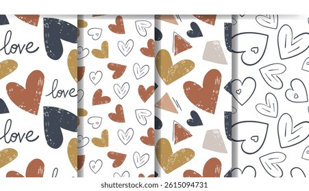 Set of patterns with simple geometric shapes and hand drawn hearts. Doodle backgrounds with cute hearts. Love seamless pattern.  