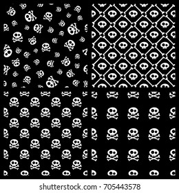 Set of patterns with skull and crossbones. White color on black.  Vector, flat, illustration