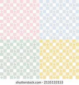 A set of patterns in small cells. Plaids in a cage with an apple. Seamless pastel vichy tartan backgrounds with small apples for tablecloth, dress or other Easter holiday textile design. Vector illust