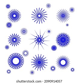 Reihe von Mustern von solaren Halo, Sonnenkrone, Schneeflocken, Glitter von Sternen. Vektorgrafik für Design in Blau und Weiß.
