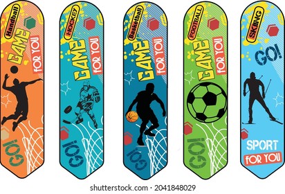 A set of patterns with sports. Vector drawing of volleyball. Hockey. Basketball.Football. Skiing. Bookmarks for books. Sports on a colored background. Print for printing. Sports are for you.
