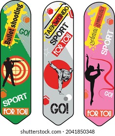 A set of patterns with sports. Vector drawing. Bullet shooting. Taekwondo. Art gymnasium. Bookmarks for books. Sports on a colored background. Print for printing. Sports are for you.