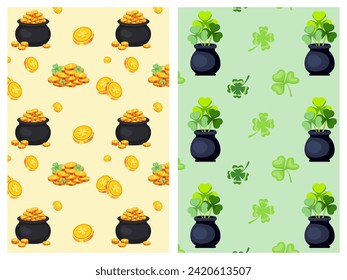 Set of patterns for St. Patrick's Day. Pattern with coins, pot of coins and pattern with shamrock, four-leaf clover, vase with clover