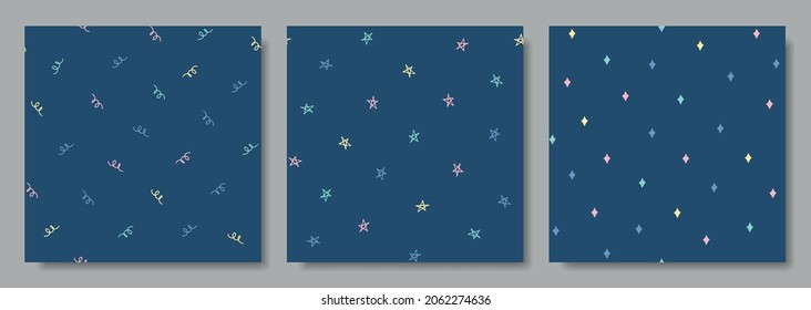  set of patterns with stars, serpentine. hand drawn holiday pattern design. concept birthday, holiday and x-mas. for fabric, wallpapers, covers, cards, prints, bedding.print with blue background.