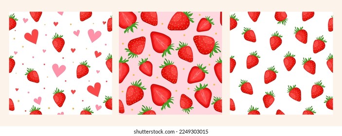 Set of patterns with strawberries. Cute colorful strawberries. Vector graphics