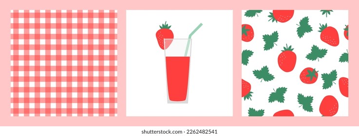 Set of patterns with strawberries and plaid fabric on a white background, a glass of strawberry juice, vector illustration.
