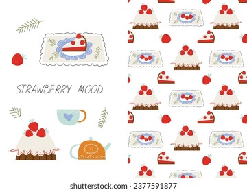 Set of patterns with Strawberry, cookies. Seamless pattern with berry pie and  cheesecake. Dessert sticker. Tea time and cake collection.Greeting card with strawberry cake. Vector illustrations. 