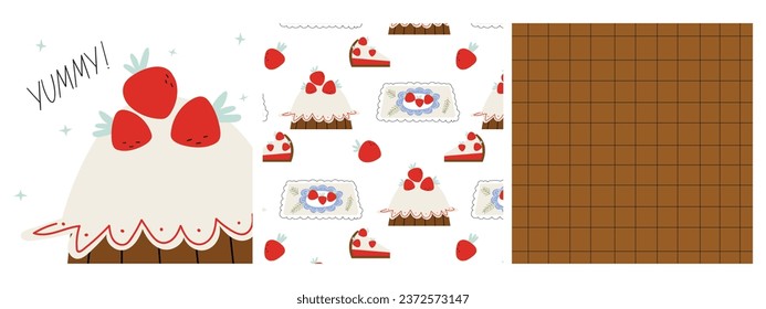 Set of patterns with Strawberry, cookies and square brown background. Seamless pattern with berry pie and  cheesecake. Greeting card with strawberry cake. Vector illustrations. 