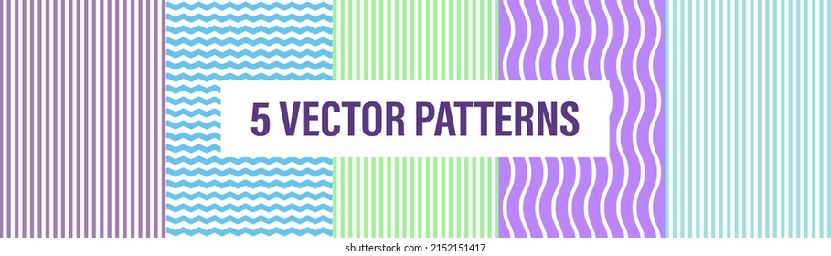 Set of patterns striped backgrounds. Vector illustration. Seamless pattern of zigzag lines. Wave water seamless pattern. 