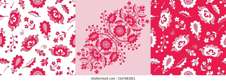Conjunto de patrones con estilizados elementos folclóricos ucranianos. Ornamento étnico rojo y blanco basado en la tradición del bordado nacional. Puede utilizarse para la decoración, el diseño de superficies y el embalaje