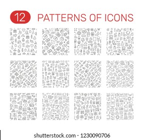 Set of patterns. Sweet, medicine, education, computer, 
cosmetic, money, testimonials, chemistry theme. Vector illustration design
