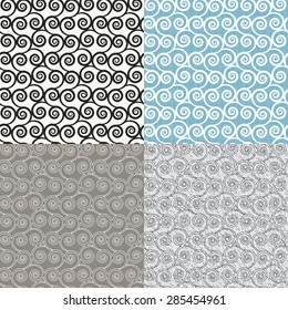 Set of the Patterns with Swirl decoration elements. Seamless Background with fabric design objects. Texture with the abstract curves. Textile vintage print. Collection wallpapers.  Vector illustration
