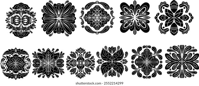 Set of Patterns symmetrical in linocut style with slits texture print black element vector tile pattern