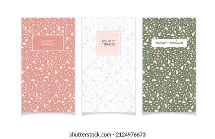 Set of patterns with terrazzo texture. The design is made in pastel colors: powdery nude pink, white, khaki green. Marble chips are drawn in a minimalistic style. Excellent for printing