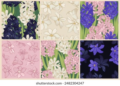 a set of patterns for textiles and illustrations, patterns with hyacinths, bouquet and flowers, a set of backgrounds for design, templates for cards