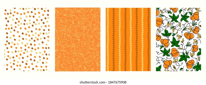 Set of patterns for Thanksgiving Day gifts wrapping, wallpaper. Holidays backgrounds with pumpkins and orange colores