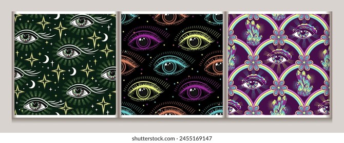 Set of patterns with third eye, stars, crescent. Concept of harmony of universe, wisdom, knowledge, extended mind. Colorful psychedelic surreal illustration. For groovy, hippie, mystical style.