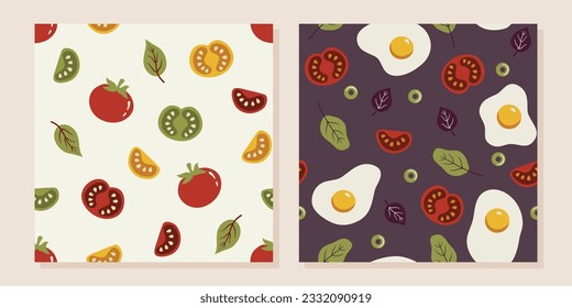 Set of patterns of tomatoes, scrambled eggs, spinach, olive in flat cartoon style. Breakfast food pattern for paper, menu, textile, kitchen.