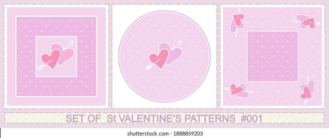 A set of patterns for Valentine's Day in gentle white and pink colors. For postcards, paper napkins and plates, for decorative pillows, for gift wrapping.