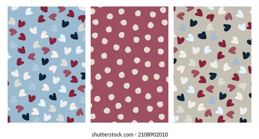 Set of patterns for Valentines Day gifts wrapping. Holidays backgrounds with hearts on dark and red colores