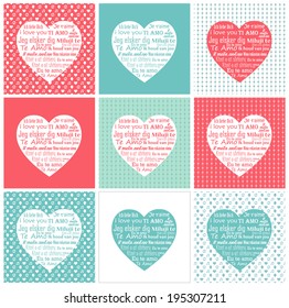Set of patterns for Valentine's day with the heart and declarations of love in different languages